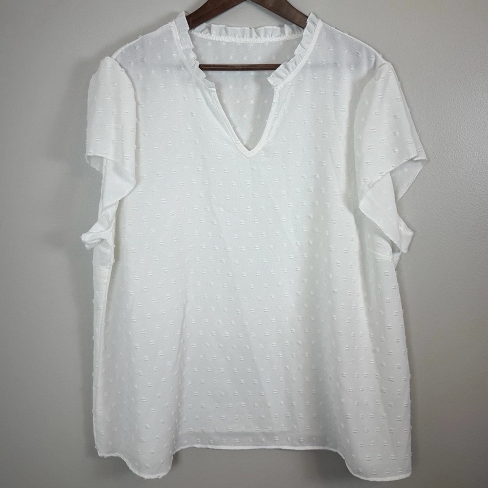 Shein Curve Womens 3X Swiss Dot Peasant Cottage Core Blouse White V Neck